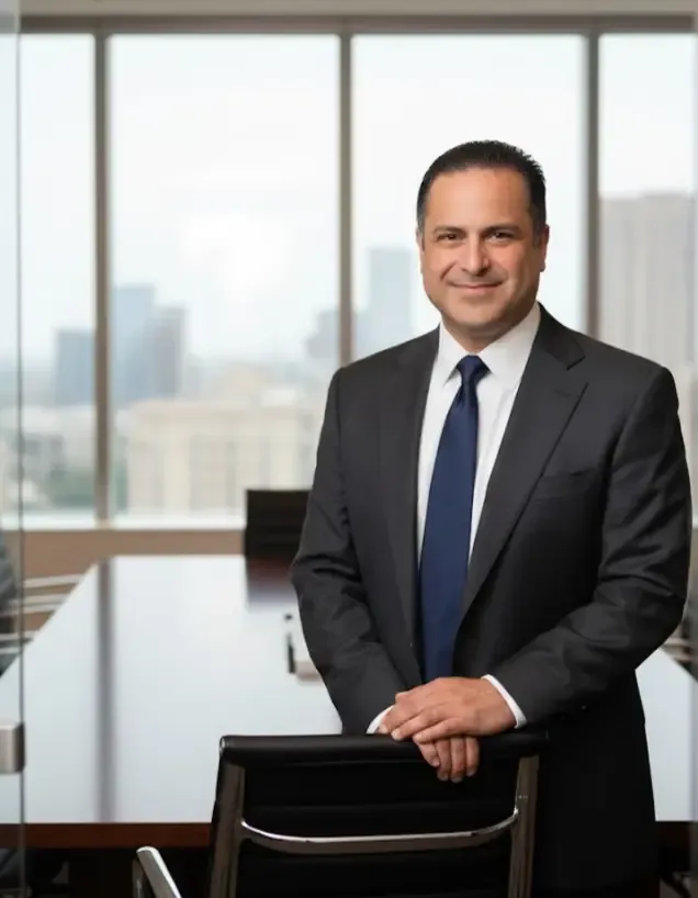 Joseph J. Raetzer, MBA, JD, in a grey suit and blue tie standing in a conference room